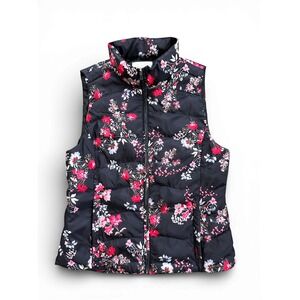 LOFT Womens Floral Puffer Vest Black Pink Red Quilted Full Zip Sleeveless XS